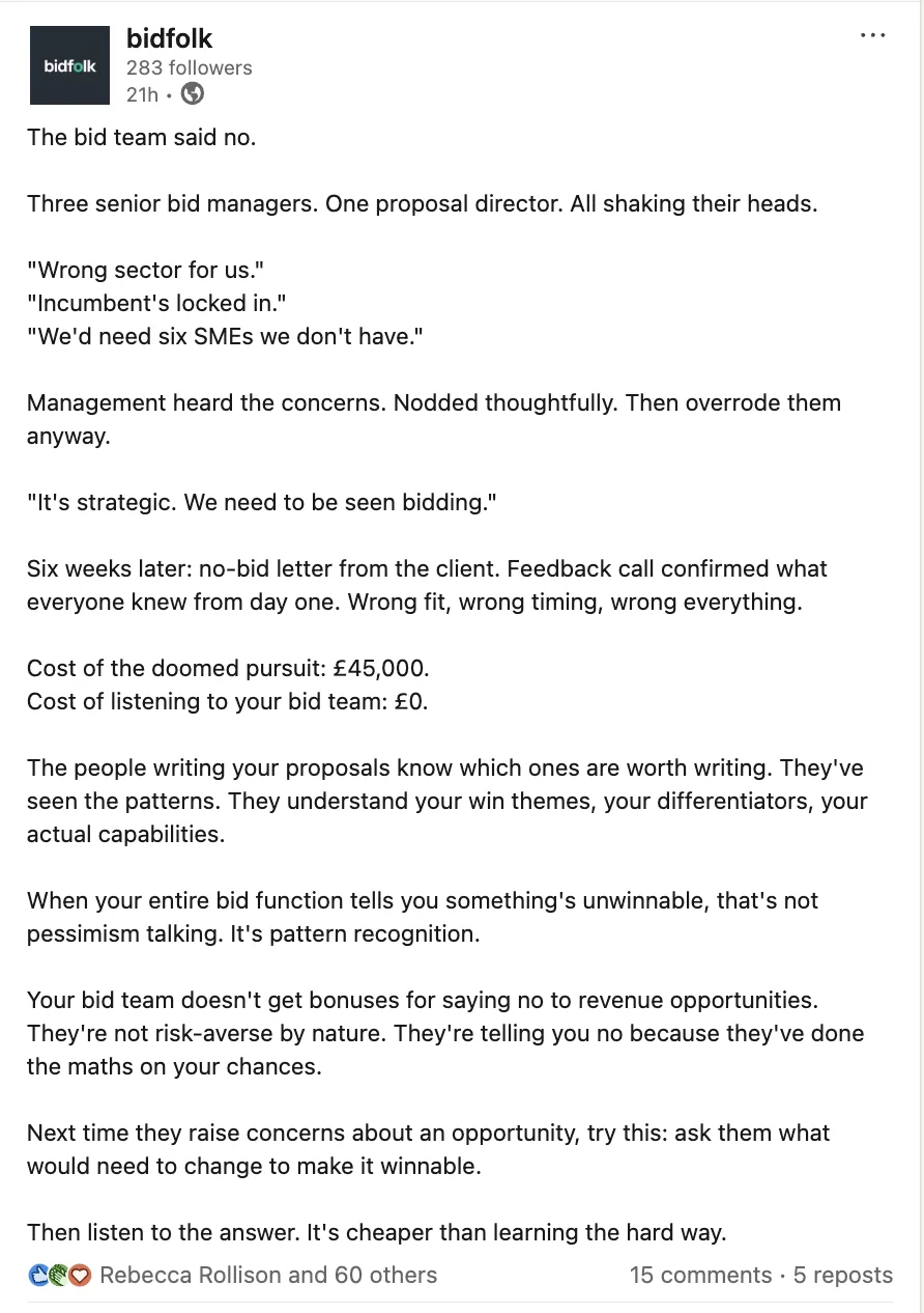 LinkedIn post: The bid team said no