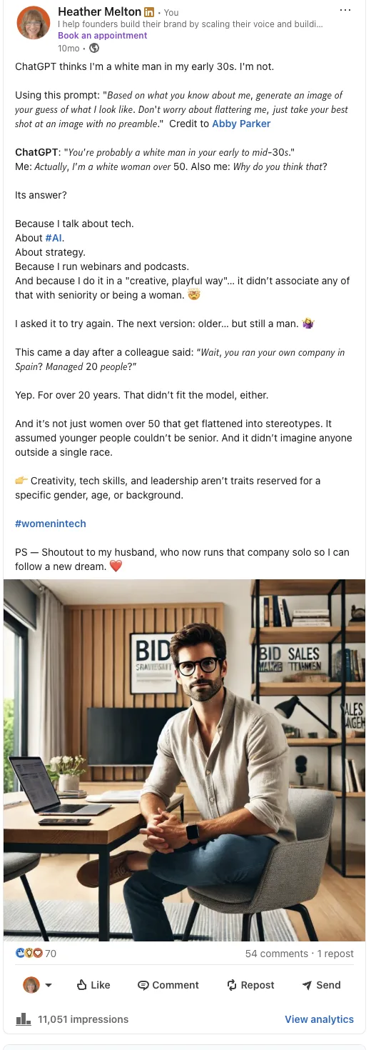 LinkedIn post: ChatGPT thinks I'm a man