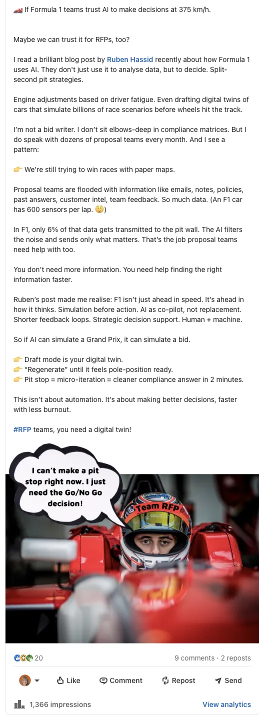 LinkedIn post: Formula 1 and AI for RFPs