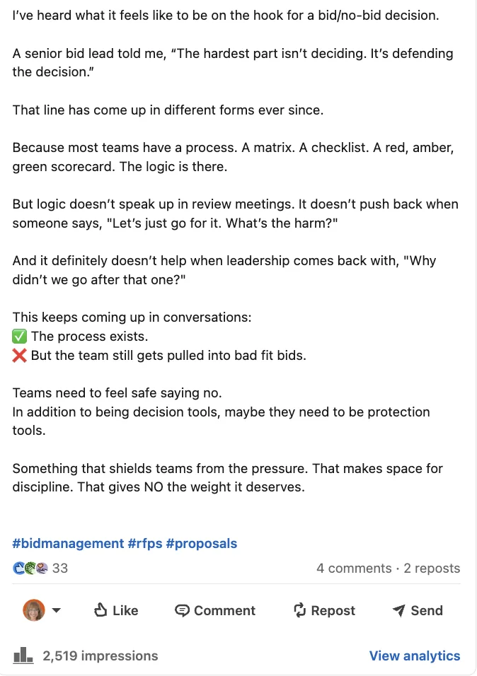 LinkedIn post: on the hook for bid/no-bid