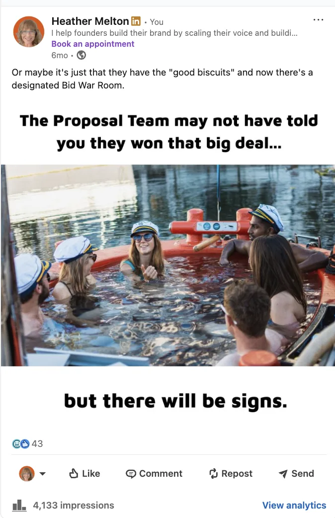 LinkedIn post: proposal team hot tub