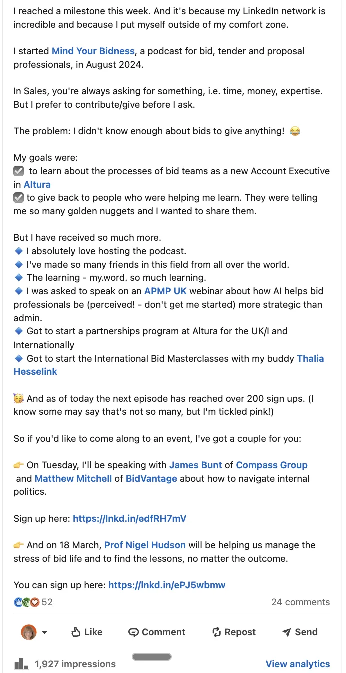 LinkedIn post: speaking about goals and milestones